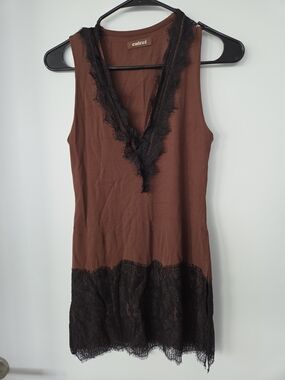 Colcci Brown & Black Lace Trim Sleeveless Blouse